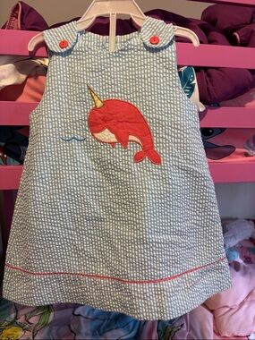 Petit Ami Light Blue Seersucker Dress with Coral Narwhal